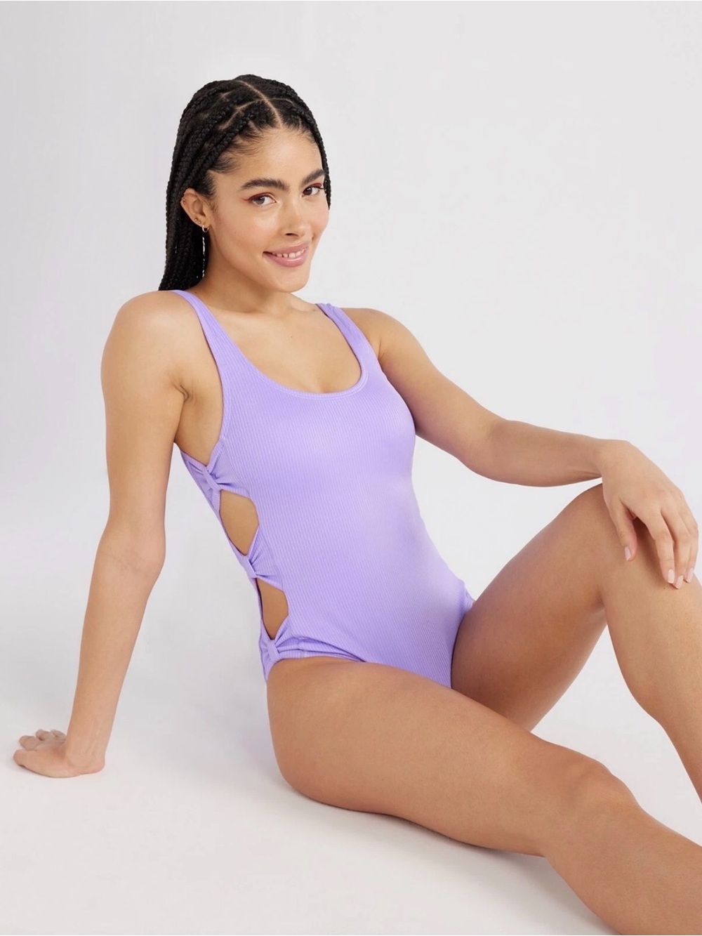 Lilac Ribbed One-Piece Swimsuit with Side Cutouts Bows